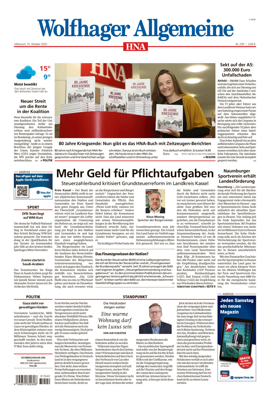 Wolfhager Allgemeine vom Mittwoch, 15.10.2025