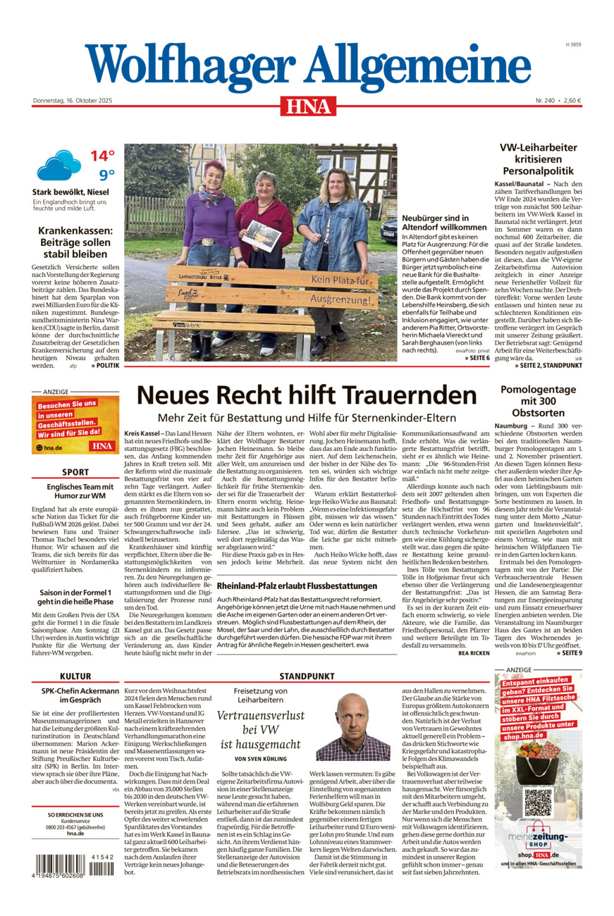 Wolfhager Allgemeine vom Donnerstag, 16.10.2025