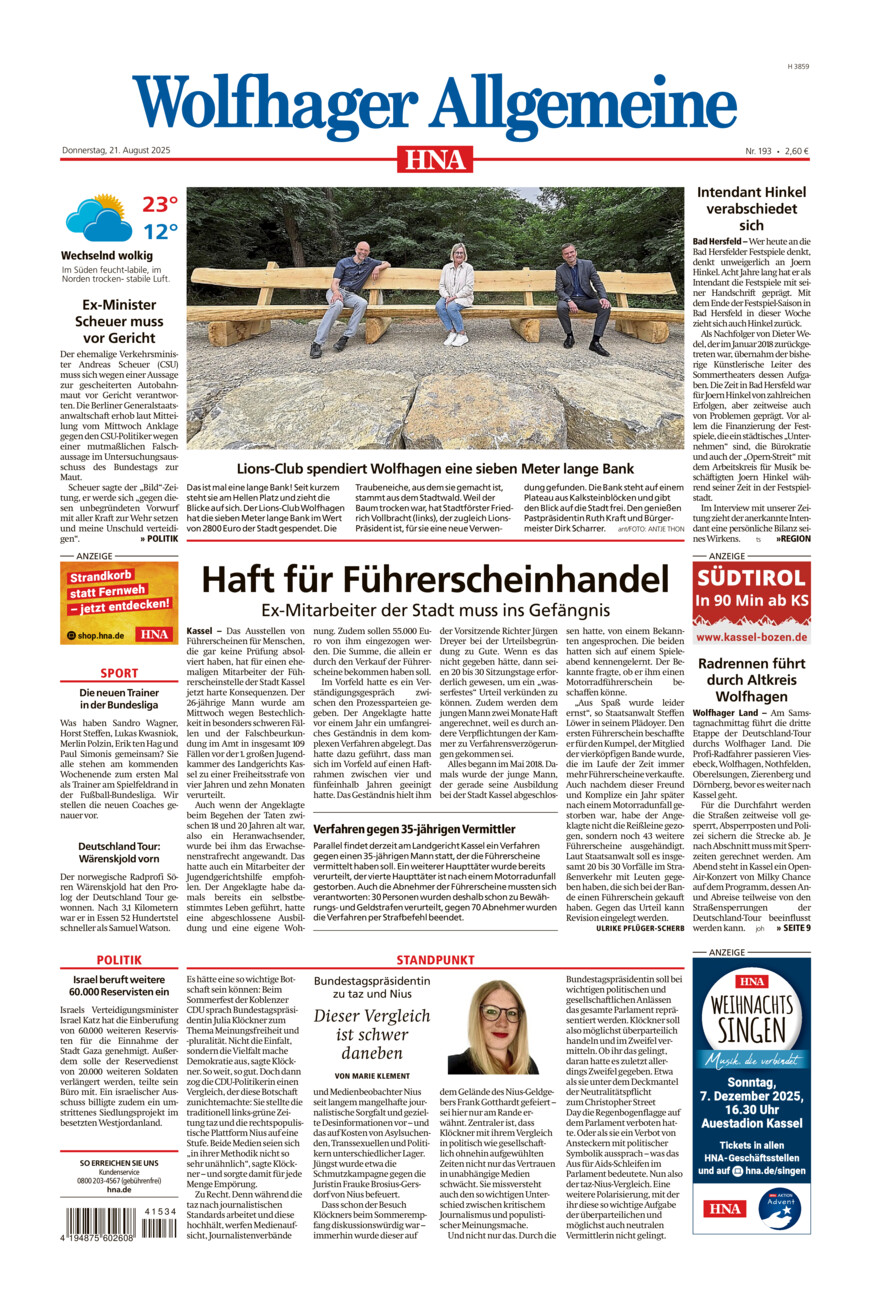 Wolfhager Allgemeine vom Donnerstag, 21.08.2025