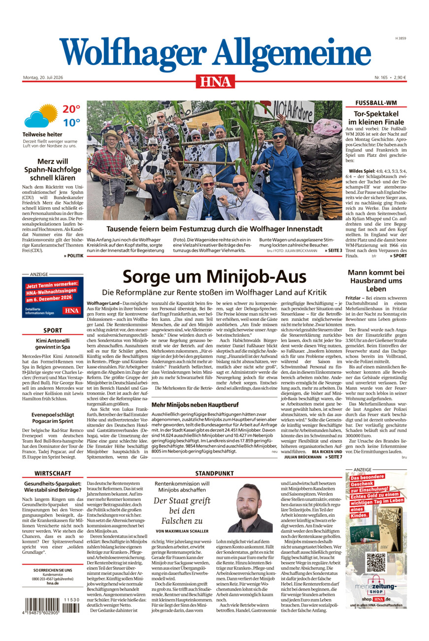 Wolfhager Allgemeine vom Montag, 20.07.2026