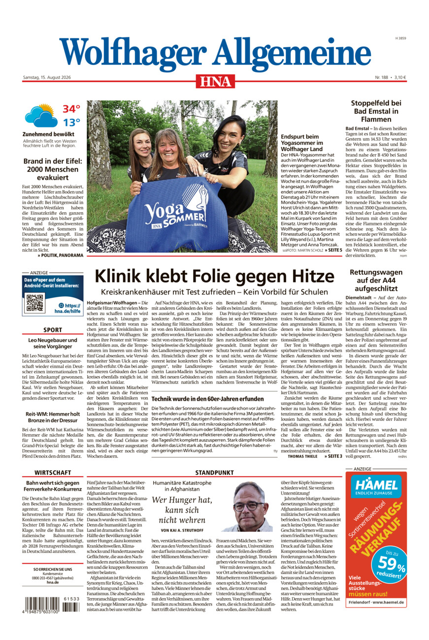 Wolfhager Allgemeine vom Samstag, 15.08.2026