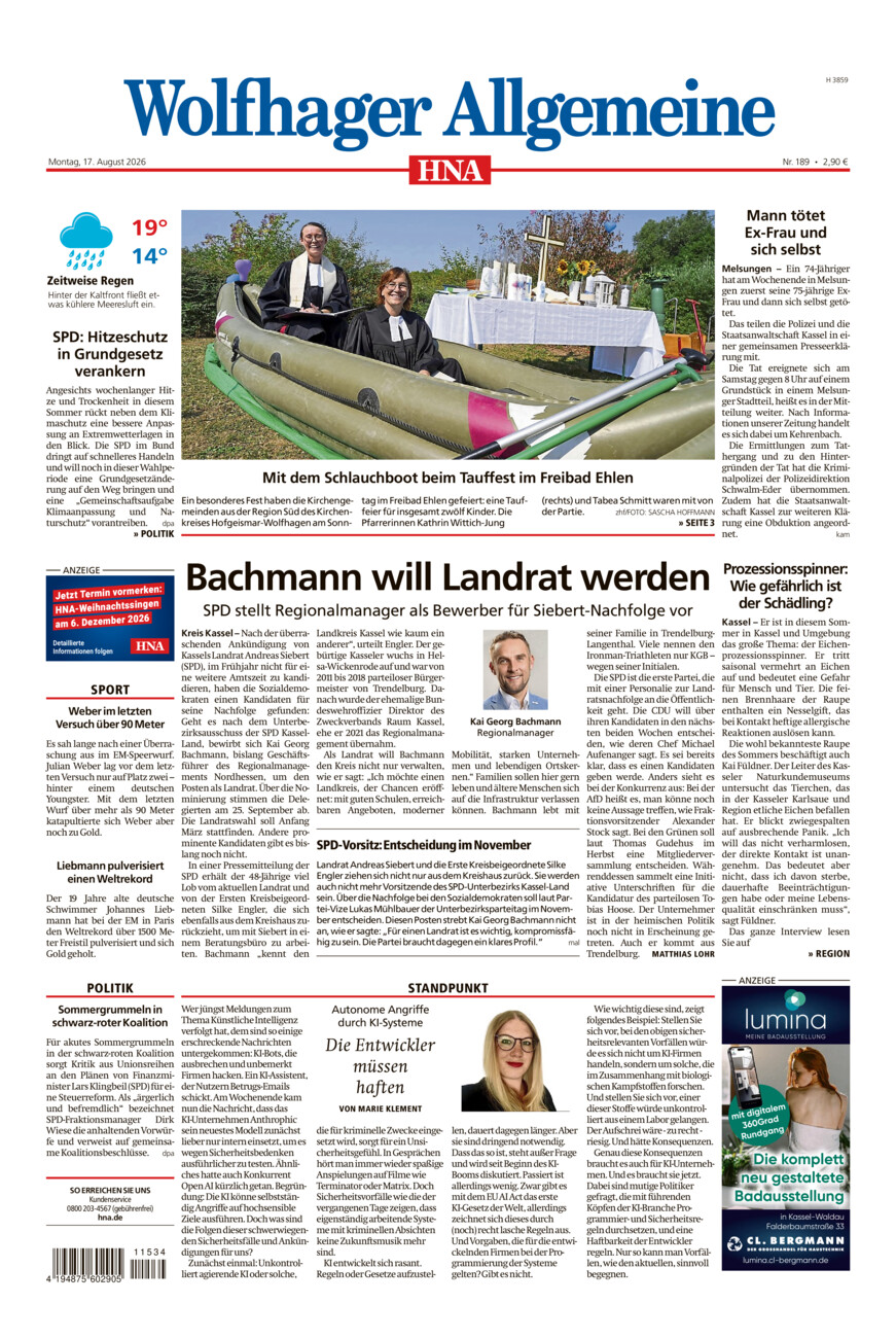 Wolfhager Allgemeine vom Montag, 17.08.2026