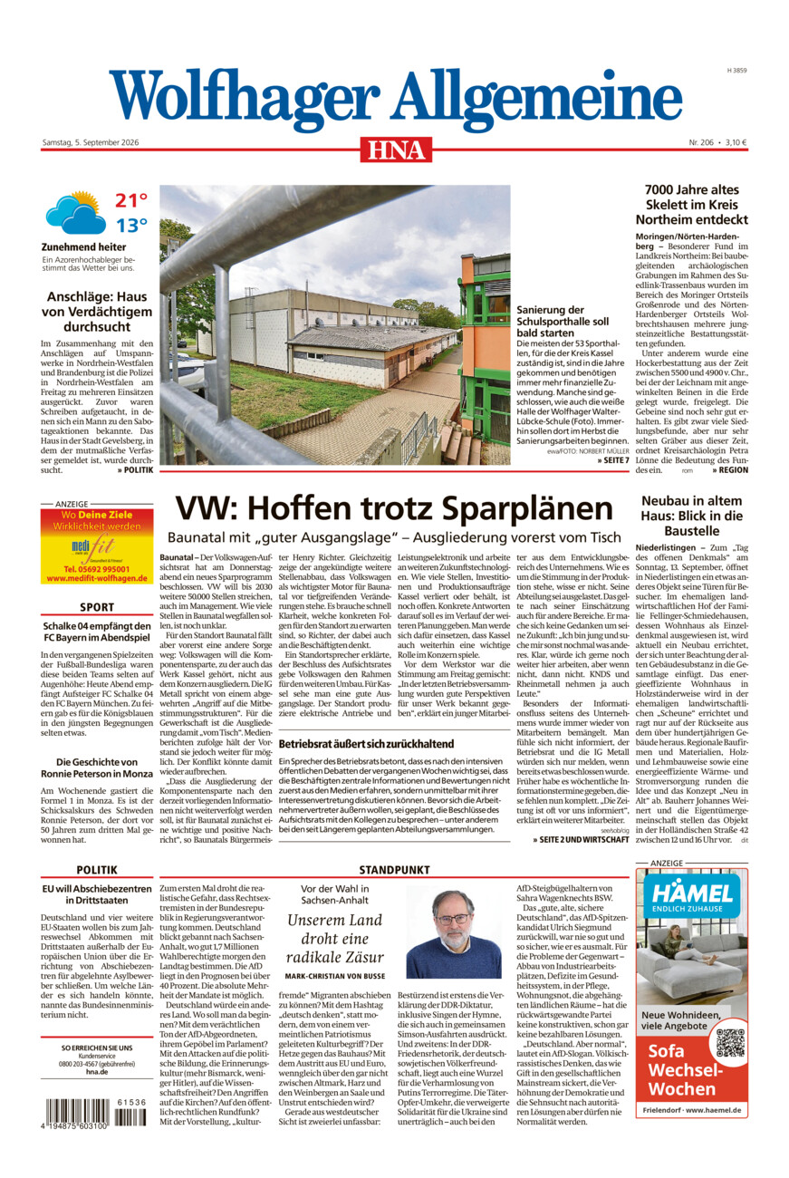 Wolfhager Allgemeine vom Samstag, 05.09.2026