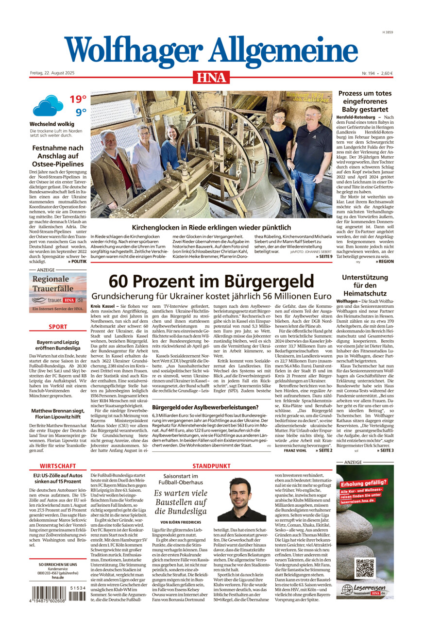 Wolfhager Allgemeine vom Freitag, 22.08.2025