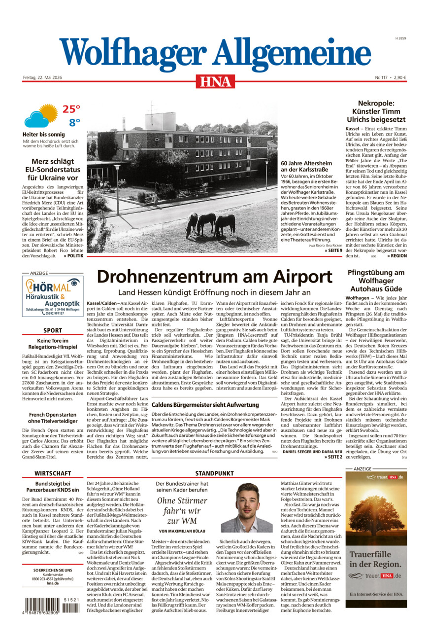 Wolfhager Allgemeine vom Freitag, 22.05.2026