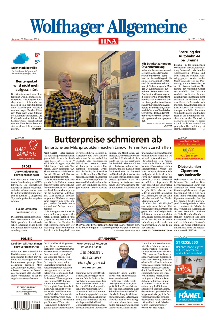 Wolfhager Allgemeine vom Samstag, 29.11.2025