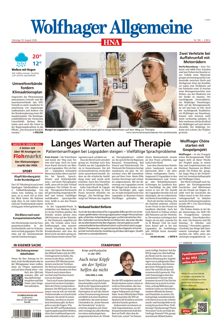 Wolfhager Allgemeine vom Dienstag, 18.08.2026