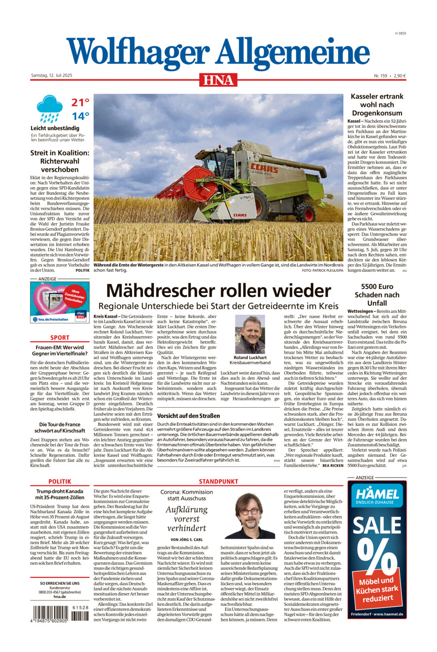 Wolfhager Allgemeine vom Samstag, 12.07.2025