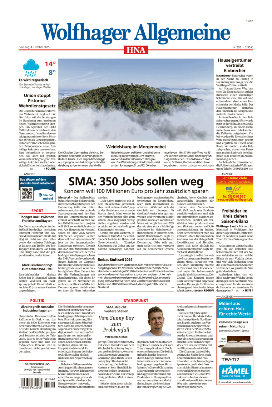 Wolfhager Allgemeine vom Samstag, 04.10.2025