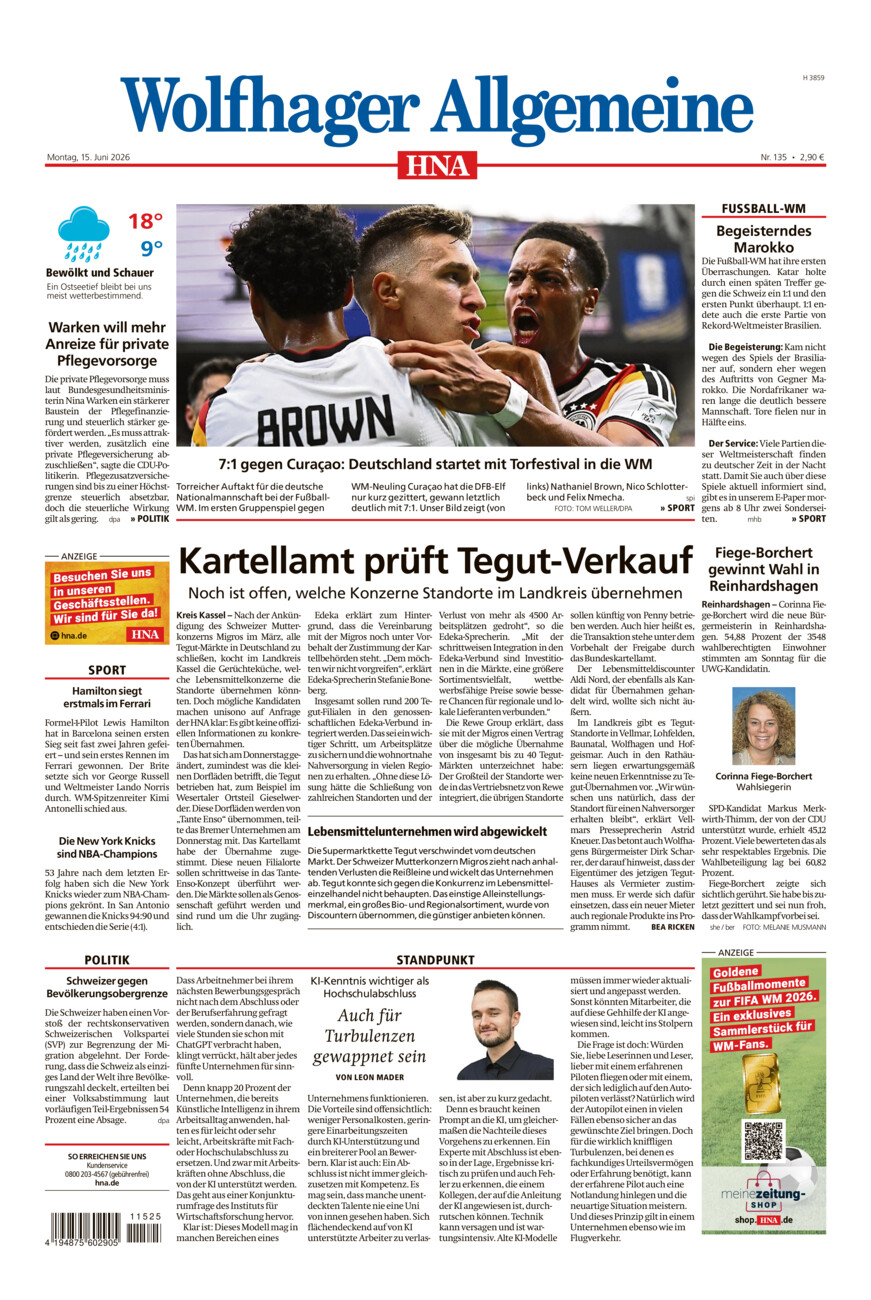 Wolfhager Allgemeine vom Montag, 15.06.2026