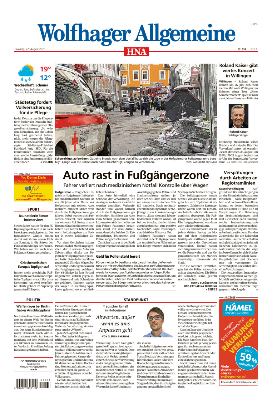 Wolfhager Allgemeine vom Samstag, 22.08.2026