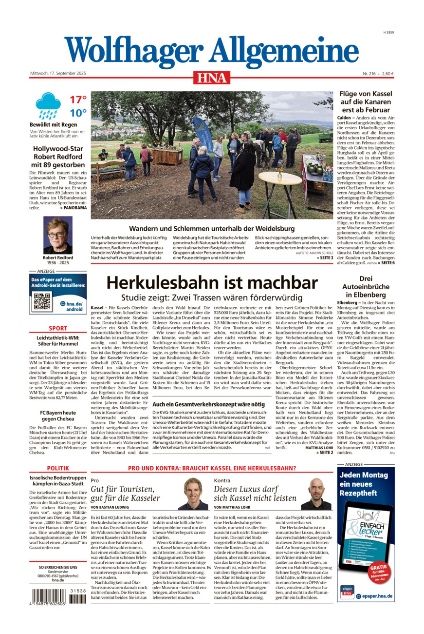 Wolfhager Allgemeine vom Mittwoch, 17.09.2025