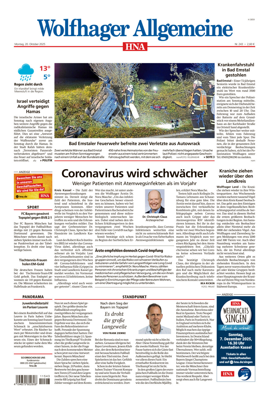 Wolfhager Allgemeine vom Montag, 20.10.2025