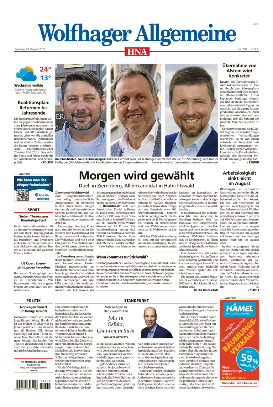 Wolfhager Allgemeine vom Samstag, 29.08.2026