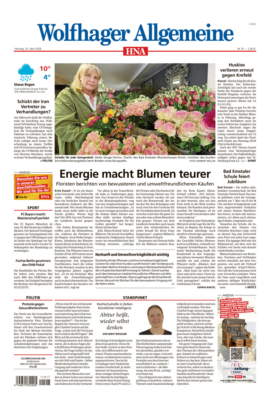 Wolfhager Allgemeine vom Montag, 20.04.2026