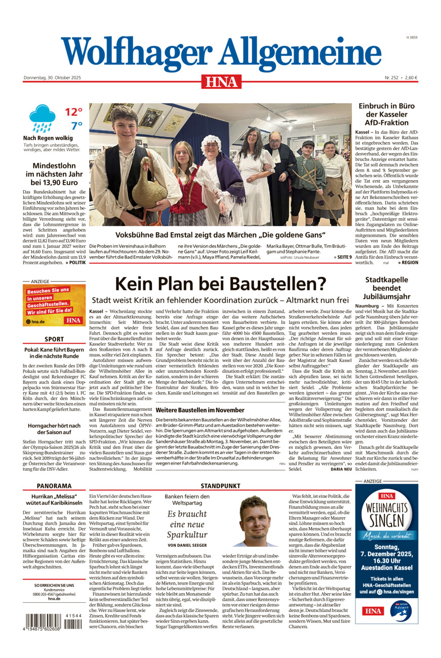 Wolfhager Allgemeine vom Donnerstag, 30.10.2025