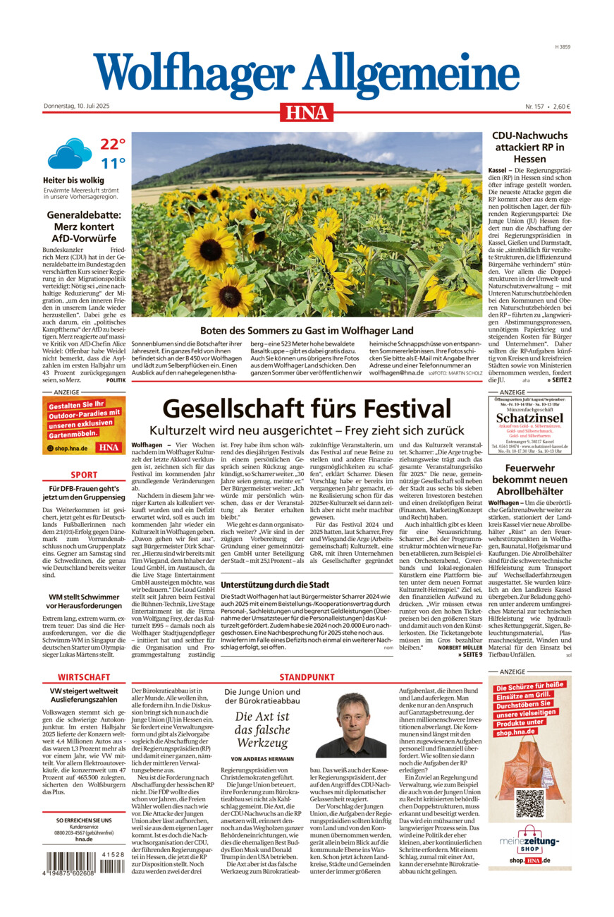 Wolfhager Allgemeine vom Donnerstag, 10.07.2025