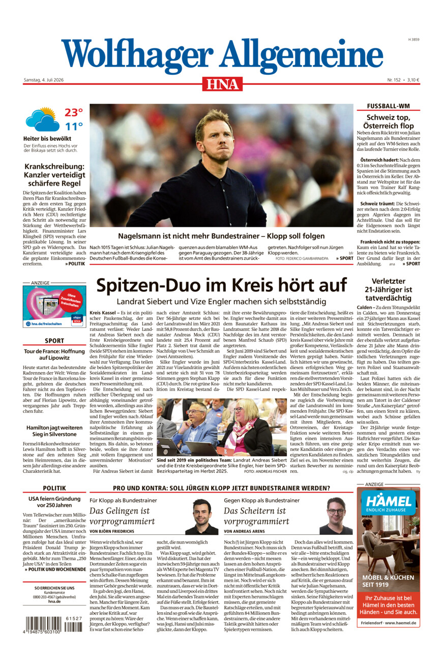 Wolfhager Allgemeine vom Samstag, 04.07.2026