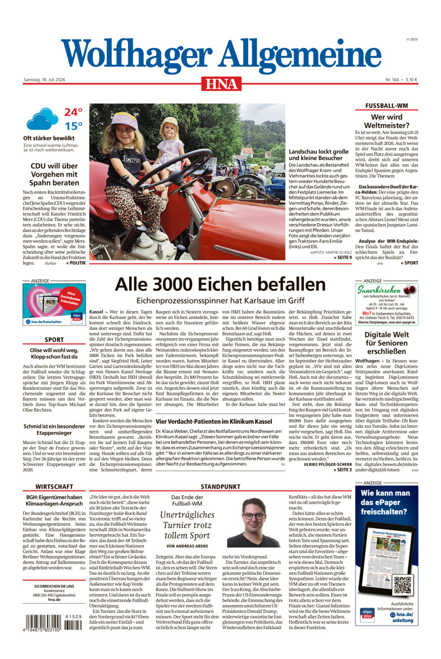 Wolfhager Allgemeine vom Samstag, 18.07.2026