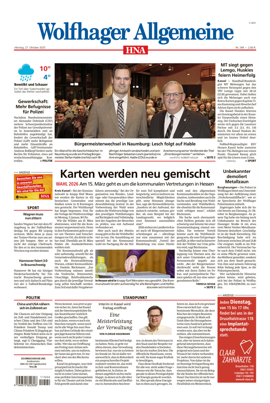 Wolfhager Allgemeine vom Montag, 27.10.2025