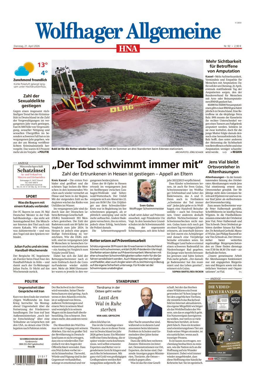 Wolfhager Allgemeine vom Dienstag, 21.04.2026